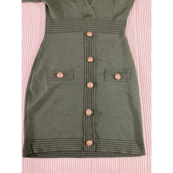 L’AGENCE Kate Dress XS/T Green Knit Ribbed Faux Button Short Sleeve Chic - Picture 3 of 10
